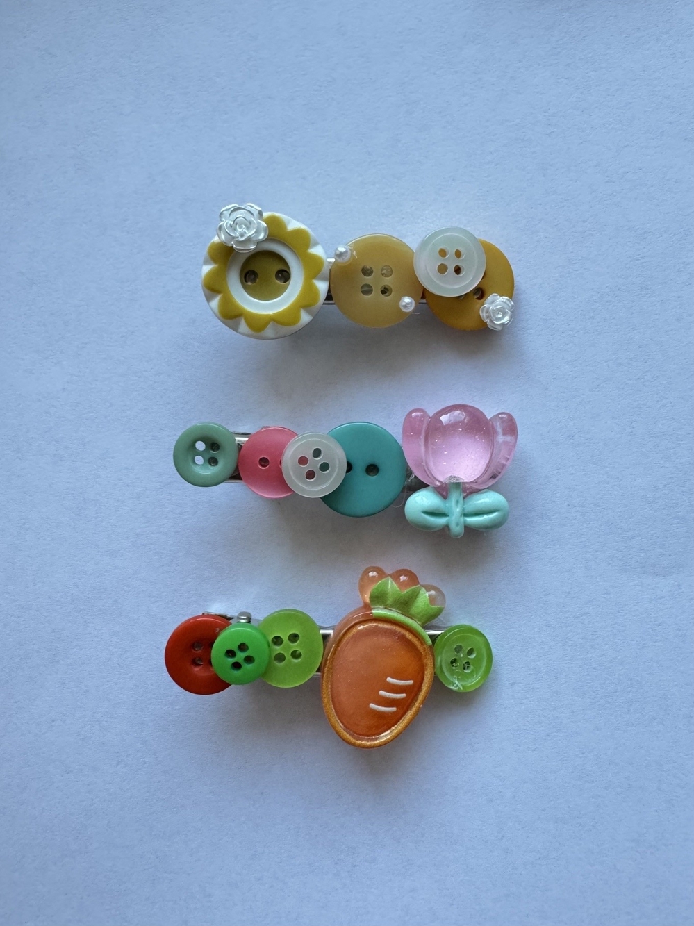 Cute Kids Button Hair Clips Set - Yellow, Pink, Green
